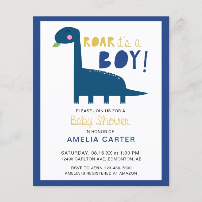 Papier Budget Mignon Dinosaure Garçon Baby shower Bleu Mo (Devant)