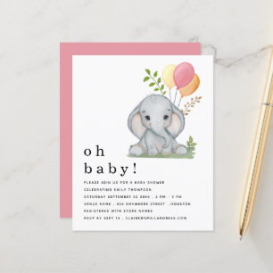 Papier Budget mignon Eléphant rose fille Invitation Baby 