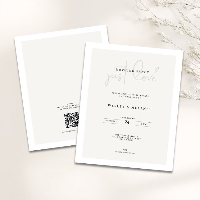 Papier Budget Mimimal Beige QR-code Nothing Fancy Wedding (Budget Nothing fancy just love minimalist wedding invitation )