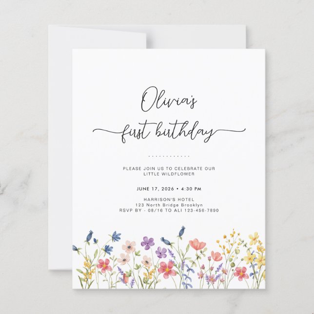 Papier Budget Minimal Floral First Birthday Invitation (Devant)