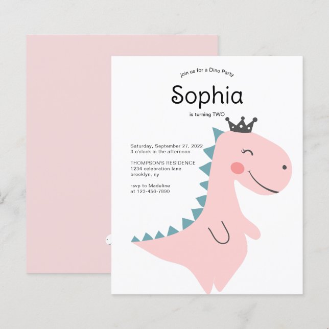 Papier BUDGET Minimal Rose Girl Dinosaur fête d'anniversa (Devant / Derrière)