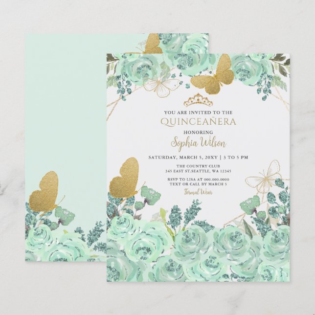 Papier Budget Mint Gold Butterfly Quinceañera Invitation (Devant / Derrière)