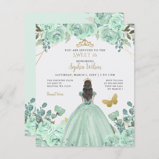 Papier Budget Mint Gold Princess Sweet 16 Invitation (Devant / Derrière)