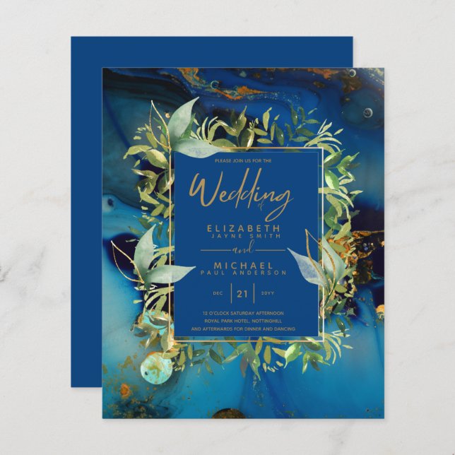 Papier BUDGET Minuit Bleue Or Vert Mariage Invite (Devant / Derrière)