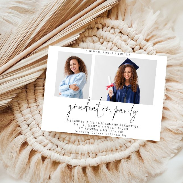 Papier Budget Modern 2 Photo Script Graduation Party (front and back view)