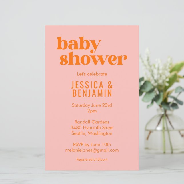 Papier Budget Modern Cute Pink Orange Baby Shower Invite (Debout devant)