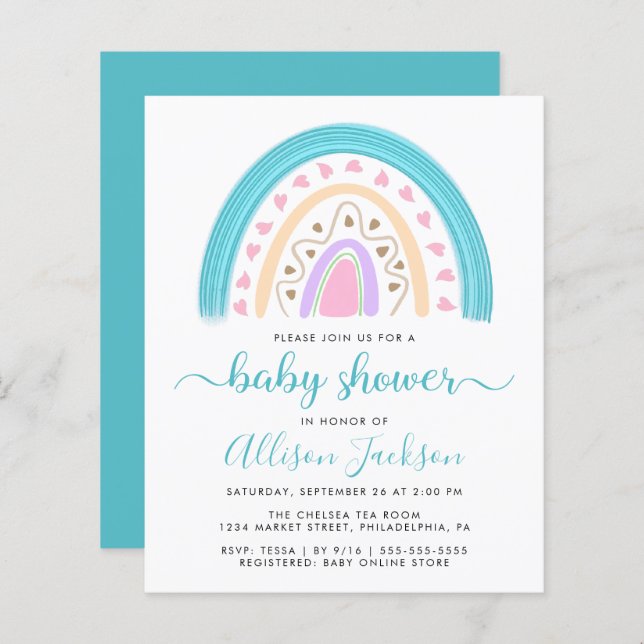 Papier Budget Moderne Baby shower arc-en-ciel Invitation (Devant / Derrière)