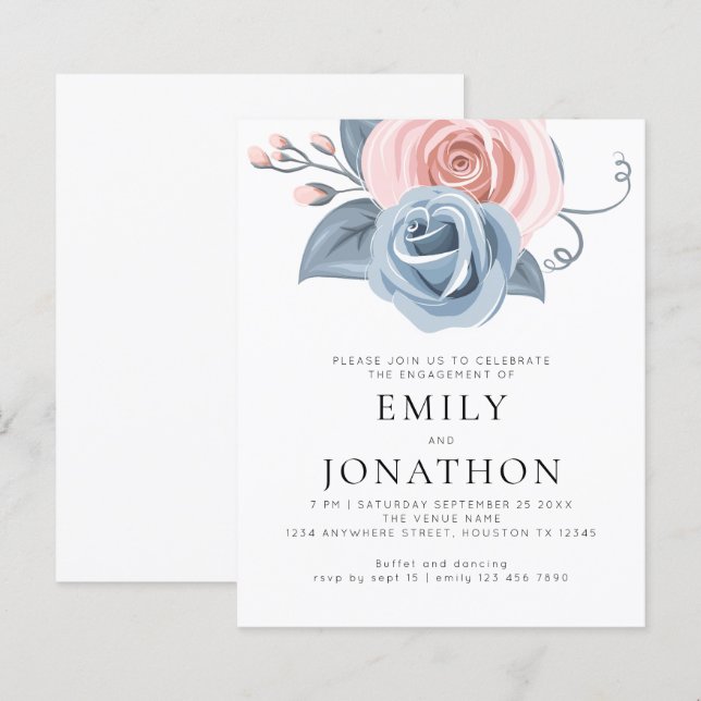 Papier Budget Moderne Blue Rose Flores Partie d'engagemen (Devant / Derrière)
