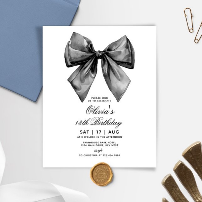 Papier Budget Moderne Bow Noir Invitation Anniversaire (Créateur téléchargé)
