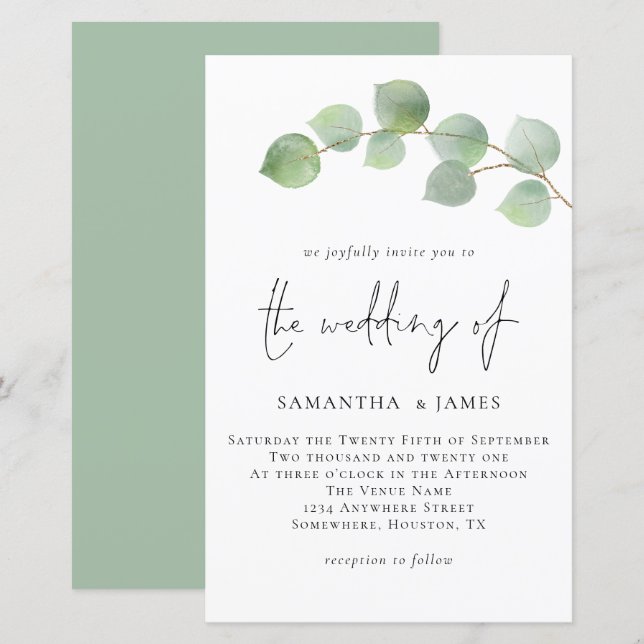 Papier Budget Moderne Eucalyptus Faire-part de mariage (Devant / Derrière)