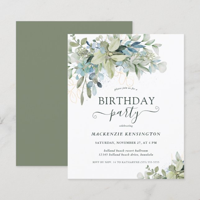 Papier Budget Moderne Eucalyptus fête d'anniversaire (Devant / Derrière)