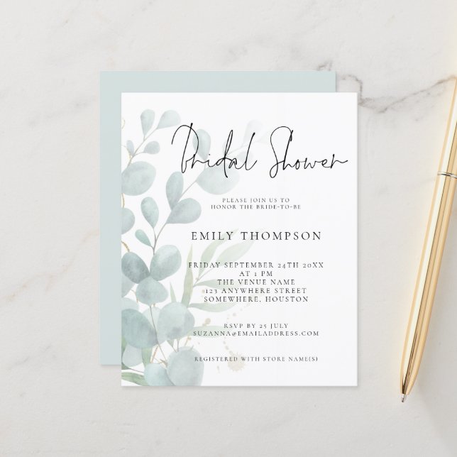 Papier Budget Moderne Eucalyptus Invitation à la douche n (Devant/Arrière en situation)