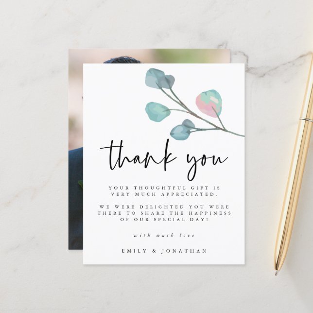Papier Budget moderne Eucalyptus Mariage photo Merci (Devant/Arrière en situation)