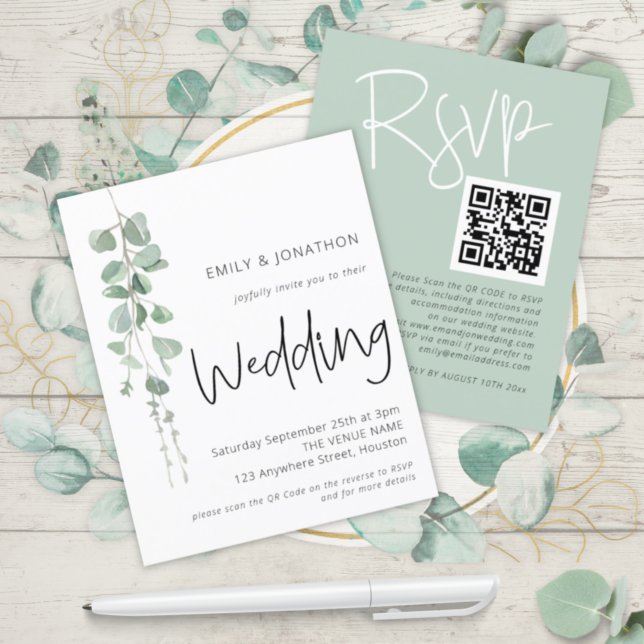 Papier Budget moderne Eucalyptus QR Faire-part de mariage (Front and back view)