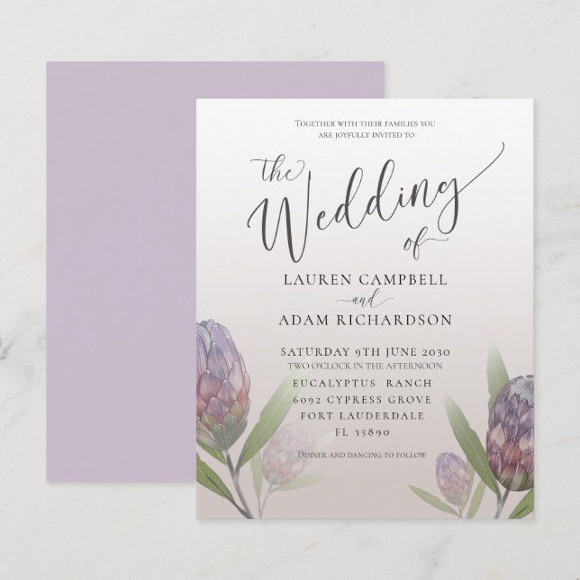 Papier Budget Moderne Faire-part de mariage Floral Violet (Devant / Derrière)