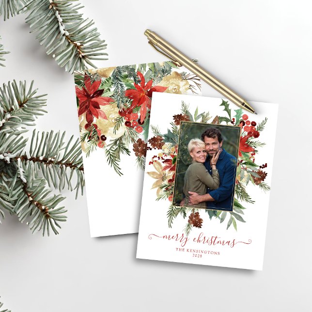 Papier Budget Moderne hiver Floral Gold Photo de Noël (Budget Modern Winter Floral Gold Christmas Photo Holiday Card)