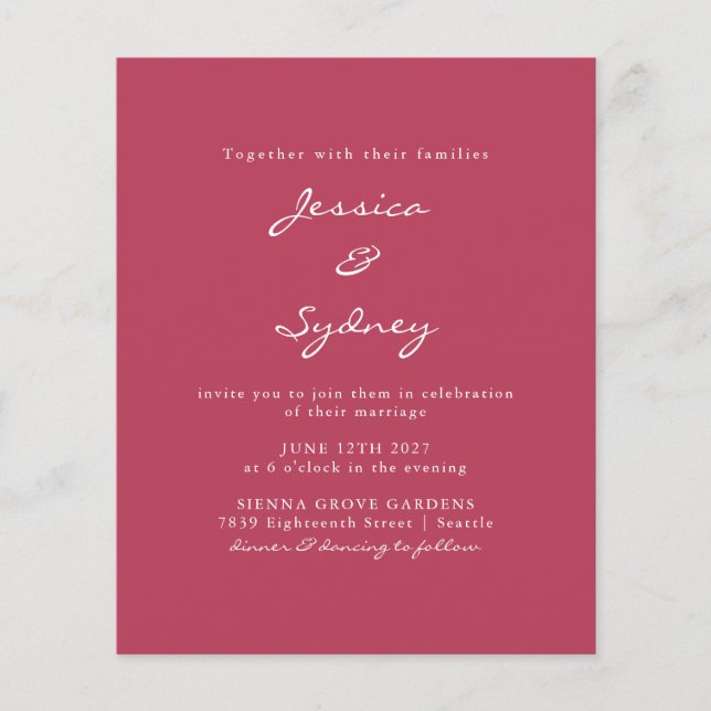 Papier Budget Moderne Mariage de script Magenta (Devant)