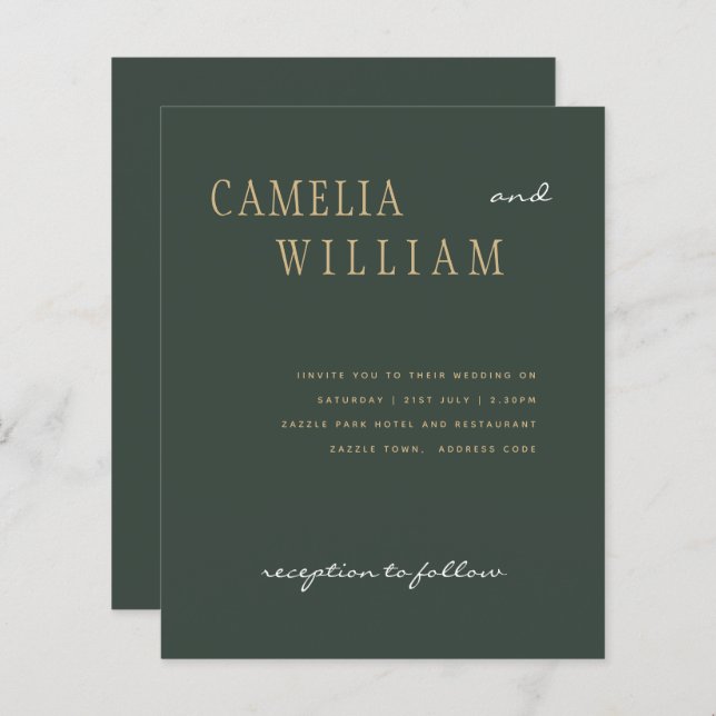 Papier BUDGET Moderne Mariage Moss Green Gold Invitation (Devant / Derrière)