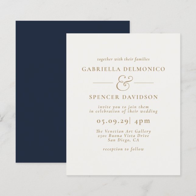 Papier BUDGET Moderne Marine Faire-part de mariage d'or b (Devant / Derrière)