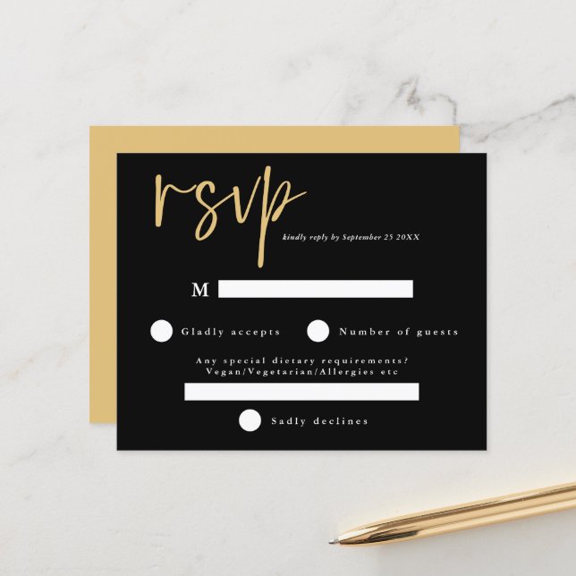 Papier Budget Moderne Noir et Or Mariage RSVP (Devant/Arrière en situation)
