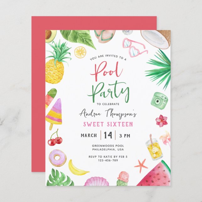 Papier Budget Moderne Piscine Fête Été Sweet 16 Anniversa (Devant / Derrière)