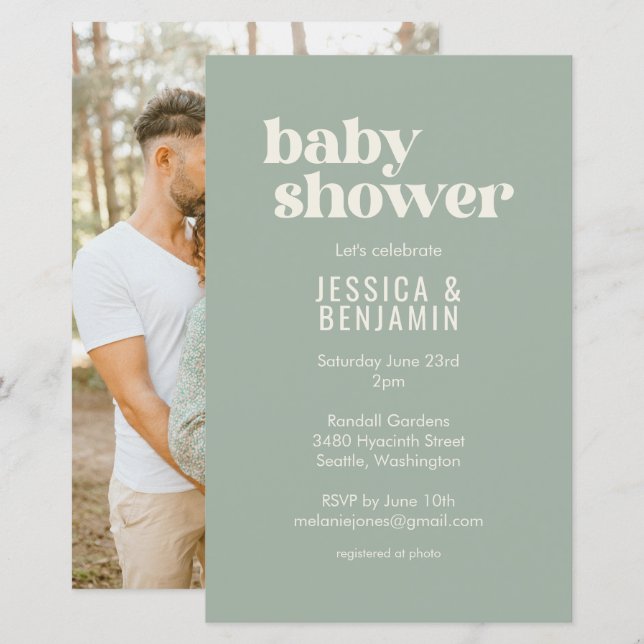 Papier Budget Moderne Sage Vert Baby shower Photo Invitat (Devant / Derrière)