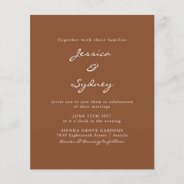Papier Budget moderne Sienna Script Faire-part de mariage (Devant)