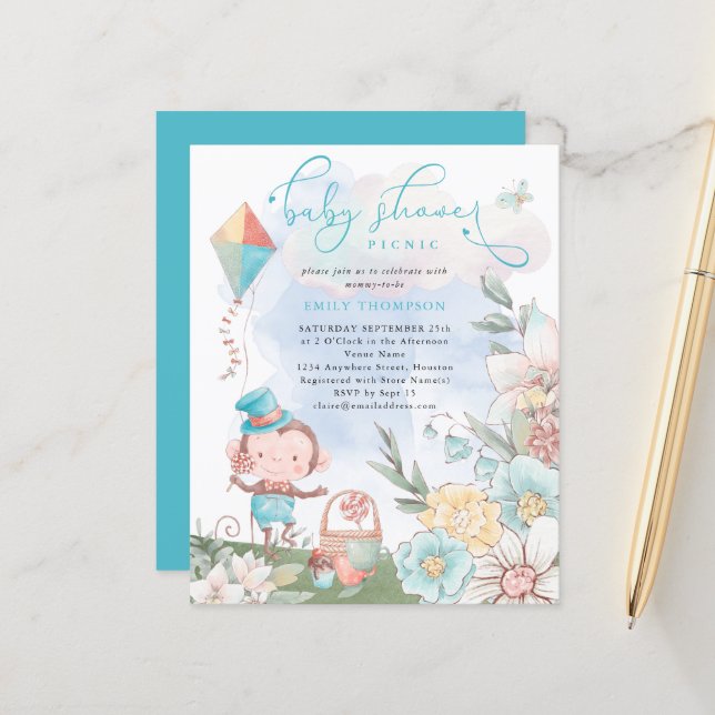 Papier Budget Monkey Boy Baby shower Pique-Nique Invitati (Devant/Arrière en situation)