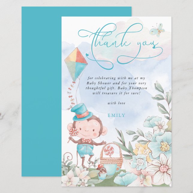 Papier Budget Monkey Boy Baby shower pique-nique Merci (Devant / Derrière)