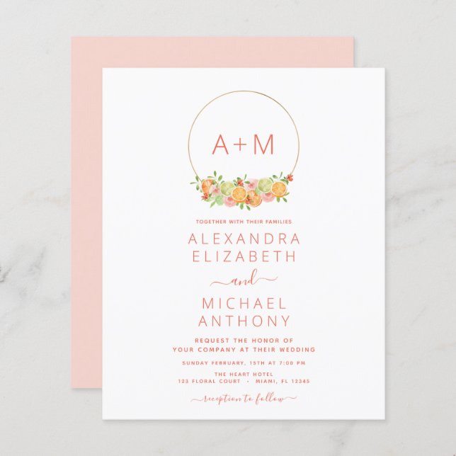 Papier Budget Monogram Blush Pink Citrus Floral Mariage (Devant / Derrière)