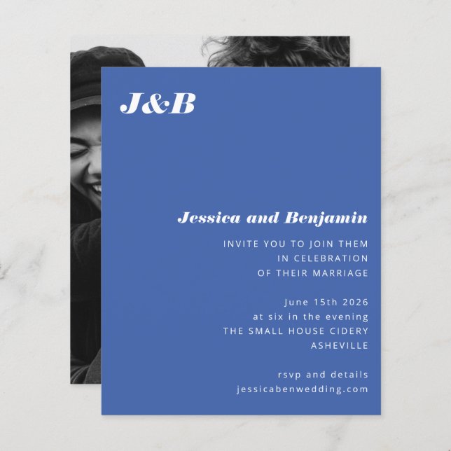 Papier Budget Monogramme Blue Photo Faire-part de mariage (Devant / Derrière)