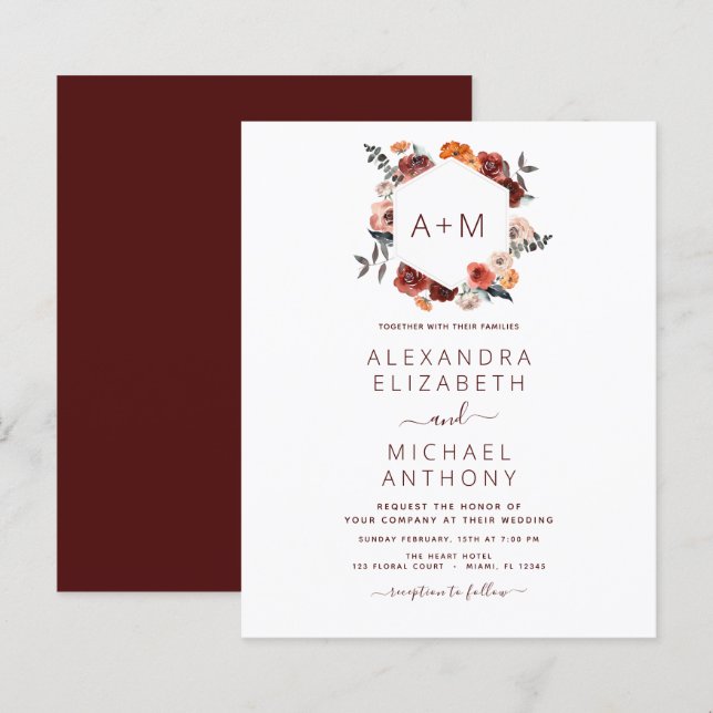 Papier Budget Monogramme Bourgogne Floral Mariage (Devant / Derrière)