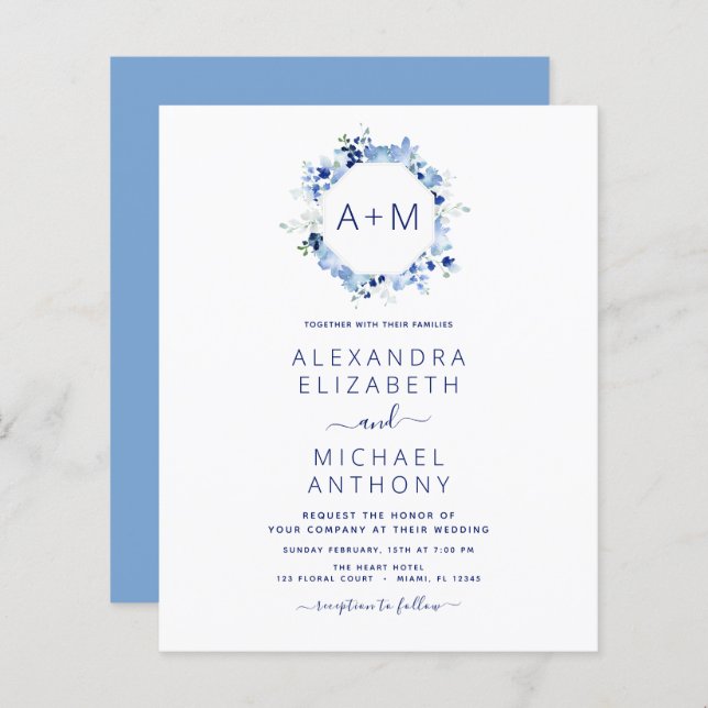 Papier Budget Monogramme Dusty Blue Floral Mariage (Devant / Derrière)
