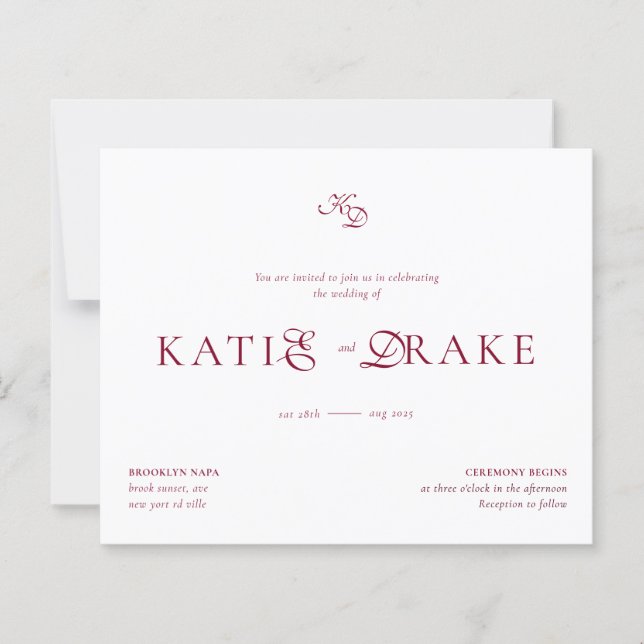 Papier BUDGET Monogramme Mariage Script Bourgogne Profond (Devant)