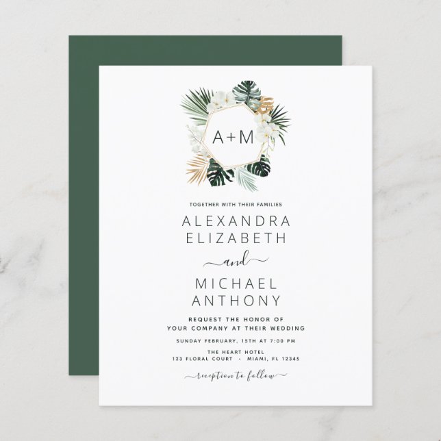 Papier Budget Monogramme Tropical Emerald Green Mariage (Devant / Derrière)