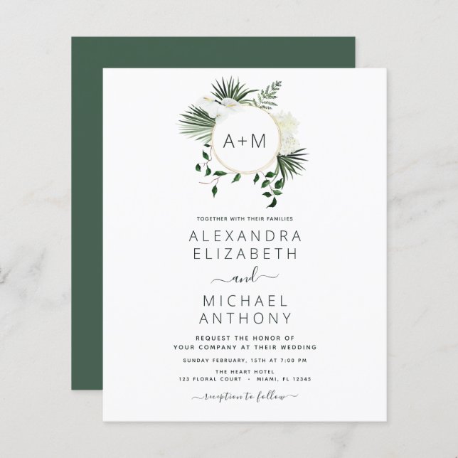 Papier Budget Monogramme Tropical Emerald Green Mariage (Devant / Derrière)