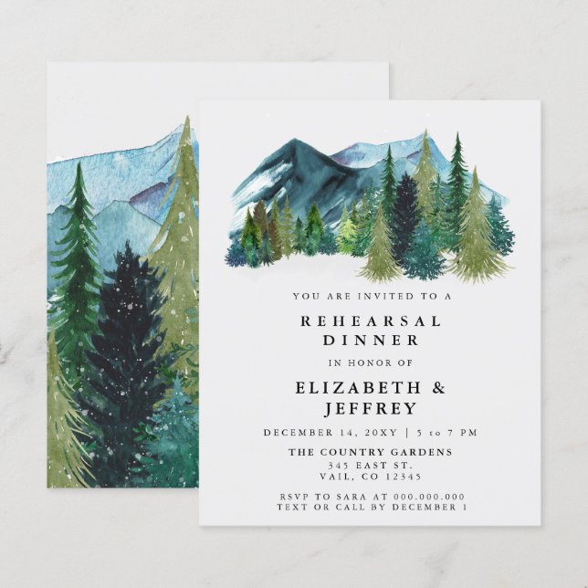 Papier Budget Mountains Pine Répétition Dîner Invitation (Devant / Derrière)