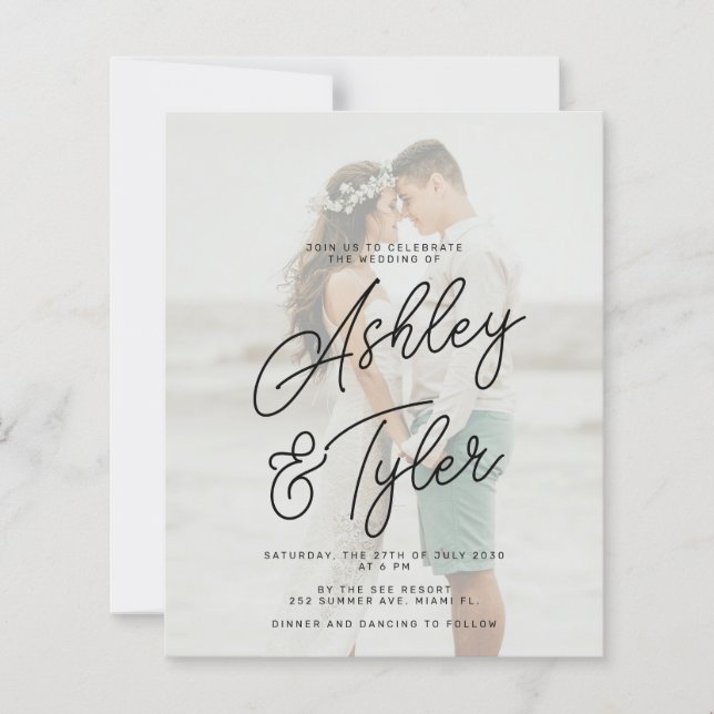 Papier Budget names script overlay photo wedding invite (Devant)