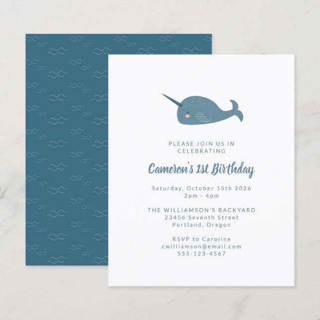 Papier Budget Narwhal Ocean Blue 1er Anniversaire Invitat (Devant / Derrière)