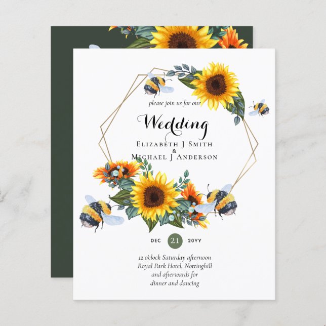 Papier BUDGET Nature Boho Bees Sunflowers Mariage INVITE (Devant / Derrière)