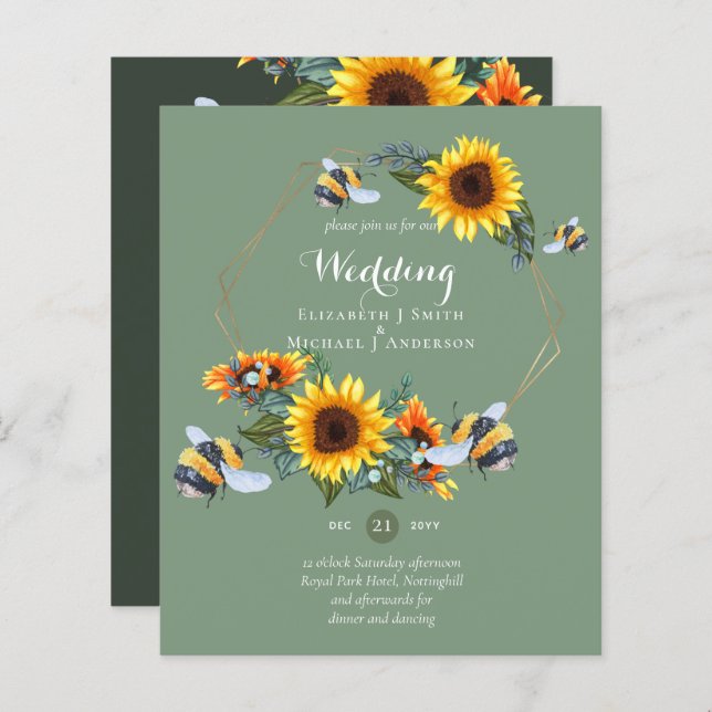 Papier BUDGET Nature Boho Bees Sunflowers Mariage INVITE (Devant / Derrière)