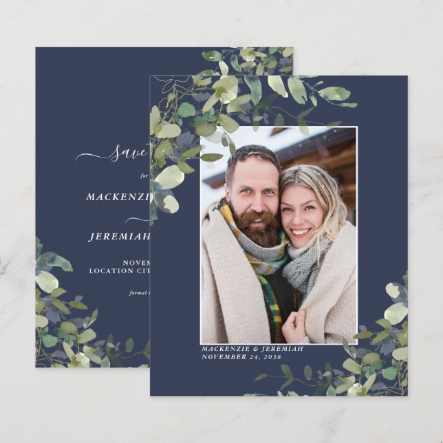 Papier Budget Navy Blue Eucalyptus Photo Enregistrer la d (Devant / Derrière)