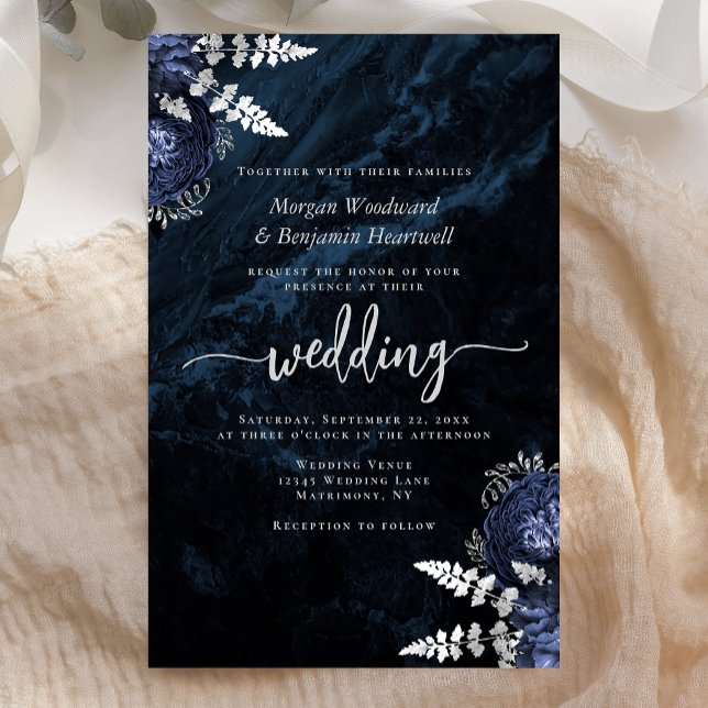 Papier Budget Navy Blue Silver Floral Wedding Invitation (Créateur téléchargé)
