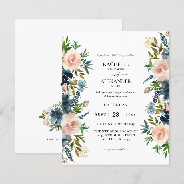 Papier Budget Navy, Dusty Blue & Pink Floral 1 Mariage (Devant / Derrière)