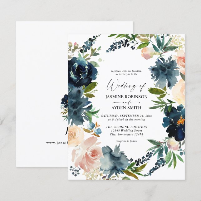 Papier Budget Navy, Dusty Blue & Pink Floral 2 Mariage (Devant / Derrière)