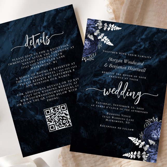 Papier Budget Navy Silver Floral QR Code Wedding Invite (Créateur téléchargé)