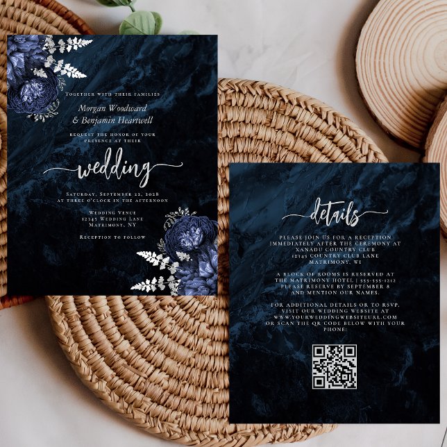 Papier Budget Navy Silver Floral QR Code Wedding Invite (Créateur téléchargé)