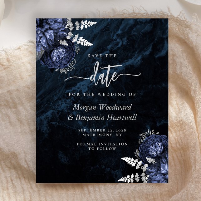 Papier Budget Navy Silver Floral Wedding Save the Date (Créateur téléchargé)