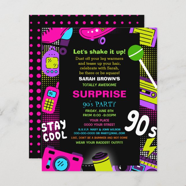 Papier Budget Neon Retro 90s Anniversaire Invitation de f (Devant / Derrière)