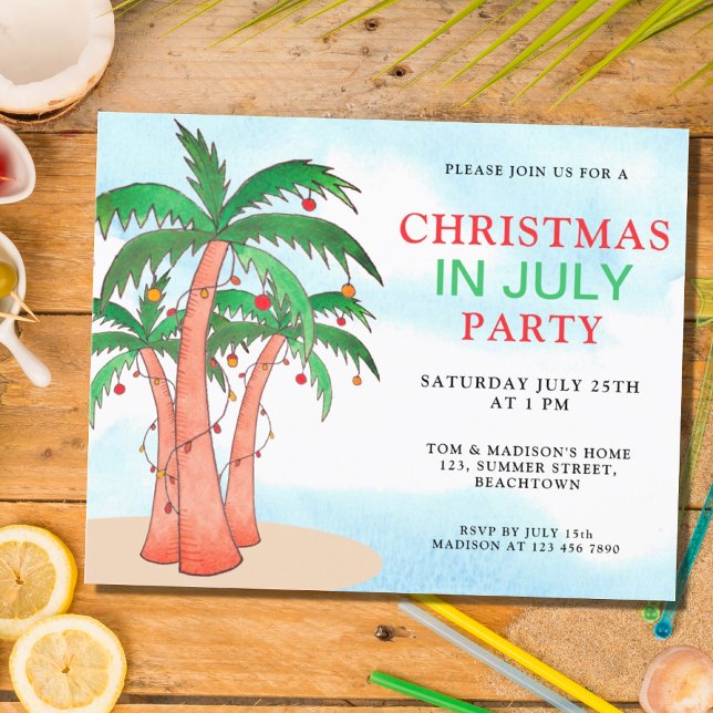 Papier Budget Noël En Juillet Parti Palm Trees Invitation (Créateur téléchargé)